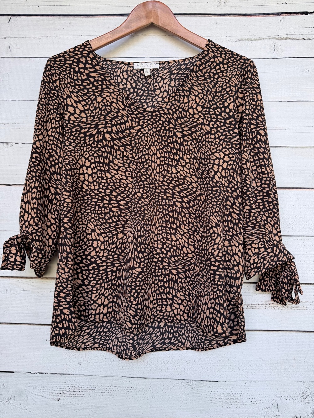 Chaus Animal Print Tie Sleeve V-Neck Blouse - Small